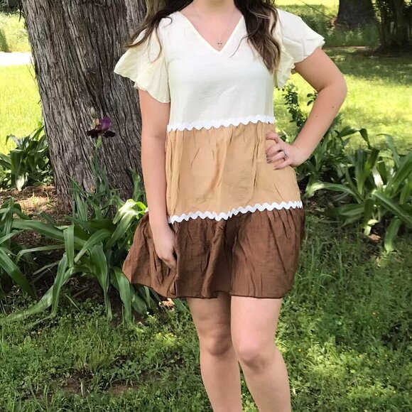 Mini Dress Brown Cream Color Block Tiered with Rick Rack Details - Picture 2 of 4